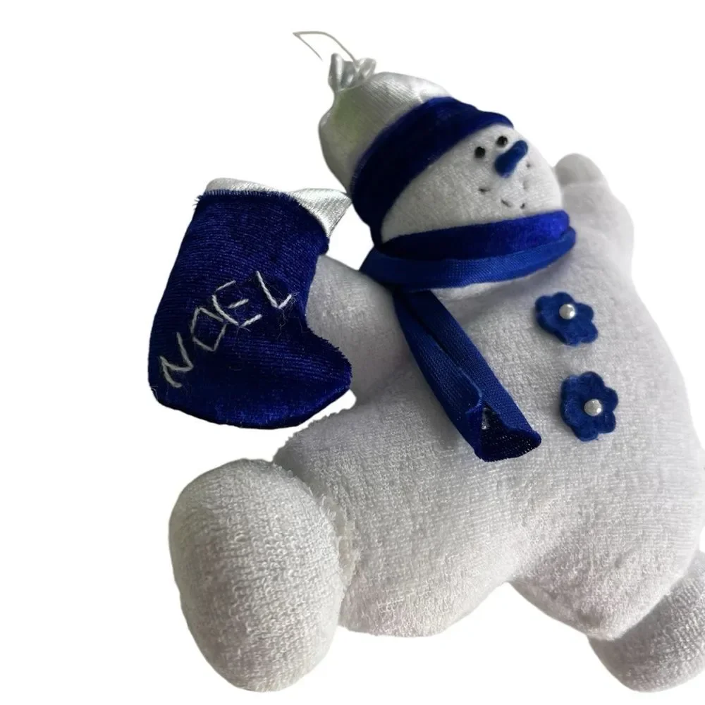 2 Hanging Stuffed Snowmen Blue White Chubby Soft Snowflake Christmas Tree Noel